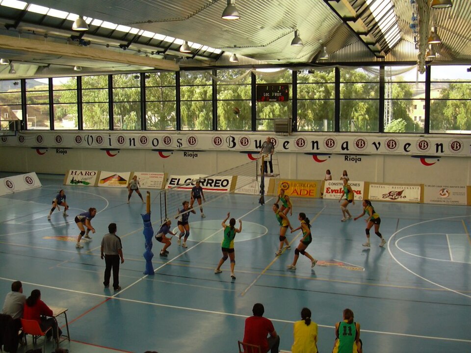 Equipo femenino de vóley celebrando un punto en un coliseo